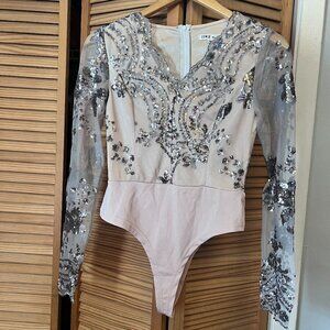 Pink and Silver Sequin Long Sleeve Thong Bodysuit Size S/M